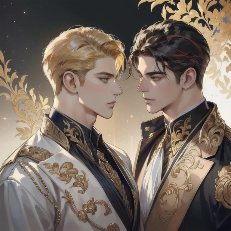 Two man looking at the view, Handsome two boy, beautiful detailed face, handsome stunning realistic, Suit, gold accessories on clothes, Charlie Bowater Style, upper body, handsome man, Profile picture, Detailed character portrait, adam hughes, by Ignacio Zuloaga, background bright dark, multiple colours 