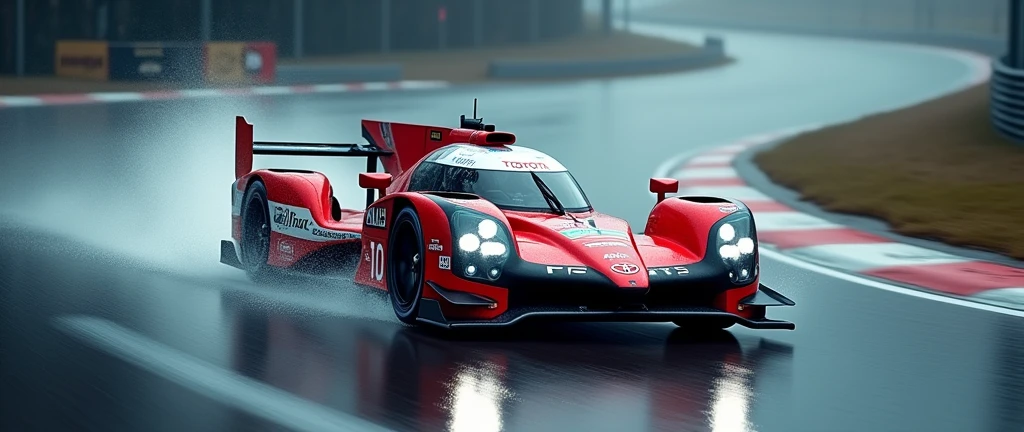 detailed racing car, Toyota car, 1 car, rainy weather, winding circuit road, fast motion blur, dynamic racing scene, dramatic lighting, cinematic composition, photorealistic rendering, vibrant colors, high contrast, detailed reflections, wet asphalt, splashing water, dynamic camera angle, intense speed blur, professional motorsports photography, advanced 3D modeling, physically-based rendering, ultra-detailed textures, masterpiece