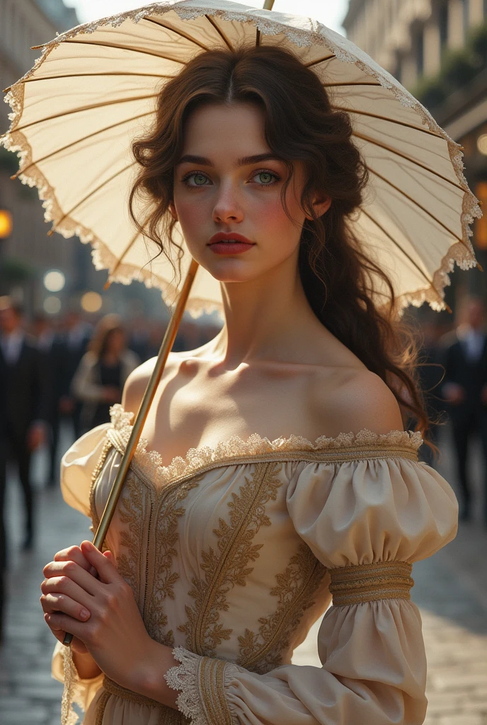 18 year old girl, Brown hair, green eyes, thick and slightly red lips, Hair collected, with Victorian era dress, with a parasol and a London landscape in 1880