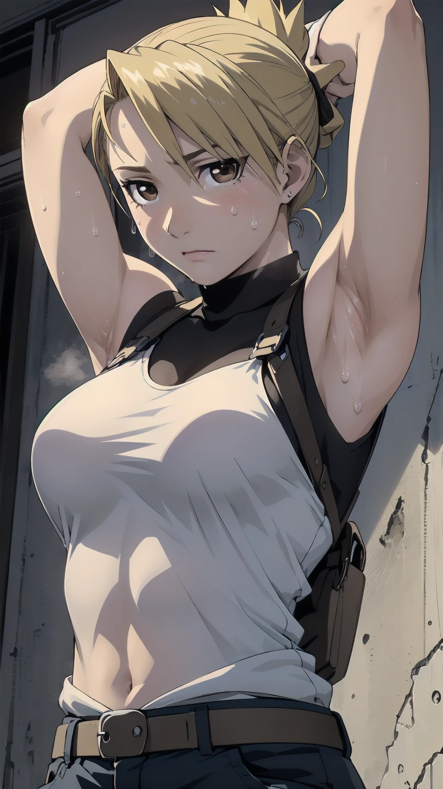 masterpiece, highest quality, High resolution, One Girl, Hamriz, ponytail, Brown eyes,big , Black Shirt, Tight shirt, holster, Short sleeve, belt, Covered navel, Blue pants,indoor、Upper body close-up、Muscular body、blush、Sweat、Composition from the front、anime、(((Close-up of a person、Raise your arms、Both armpits exposed、Sweat、Look forward)))