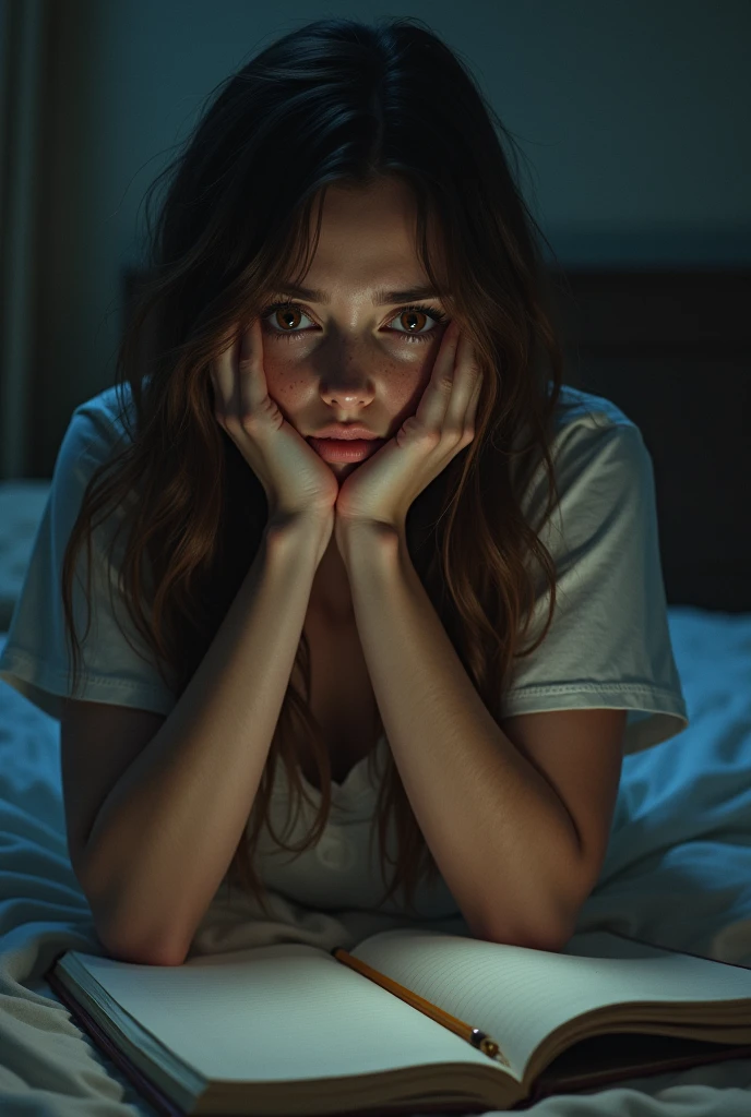 A pretty girl in her room with a notebook leaning on her desk with teary eyes. The girl is pretty with white skin, long brown hair, brown eyes and pretty freckles, so you can tell she is crying and it is nighttime with a sad expression.