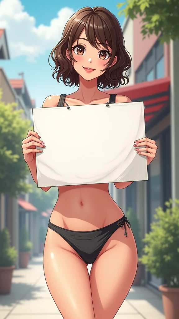 comics,A beautiful and lovely lady holding a sign ""Slender figure","Elegant posture","Slim and graceful","Well-proportioned leg shape"", hapiness, hapiness的, Anime Illustrations, Reality, painting