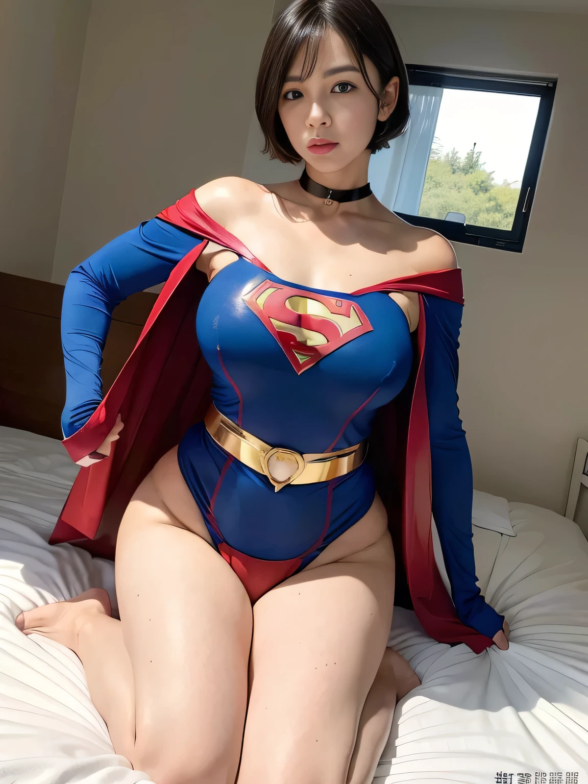 masterpiece、Rubber Supergirl Costume、Short Hair、On the hospital bed、Nymphomaniac、Big and ample breasts、looking at the camera、Shiny、Off the shoulder、choker、Long sleeve、exy poses to seduce、Sweaty skin、Model body type、charm、Enchanting、Abused、test subject、victim、Wild、Photorealistic、Gorgeous bare legs、Expose your belly、athlete、High leg leotard、Photo magazine cover、Cape、Glamorous cleavage、barefoot、Young wife in her 30s、Close-up shot from a close distance、