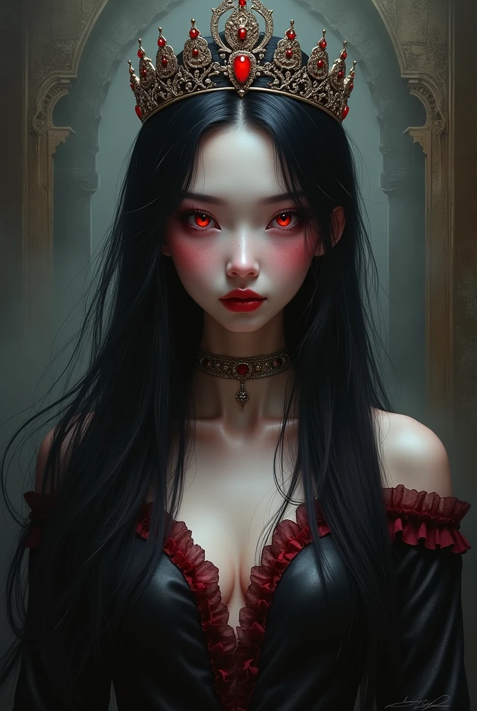 beautiful black hair vampire girl with red, clear skin, Red eyes, wearing a crown on his head, with upright posture