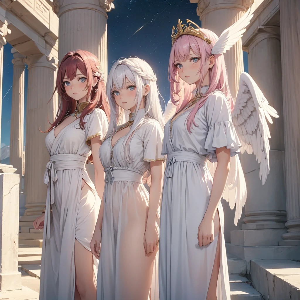 ((the three girls, best quality)), Delicate face, Character Design Sheet，whole body, Perfect proportion，Rich in details, Multiple poses and expressions, Very detailed, Martial Arts Girl，1st Girl with white wings, short red Gradient hair color，Golden，Delicate eyes, see through，2nd Angel Wings Girl，pink long hair cloud，High balance, Halo，3rd angel wings girl, white long hair, Natural light，Starlight decoration，Background greek temple, the three girls