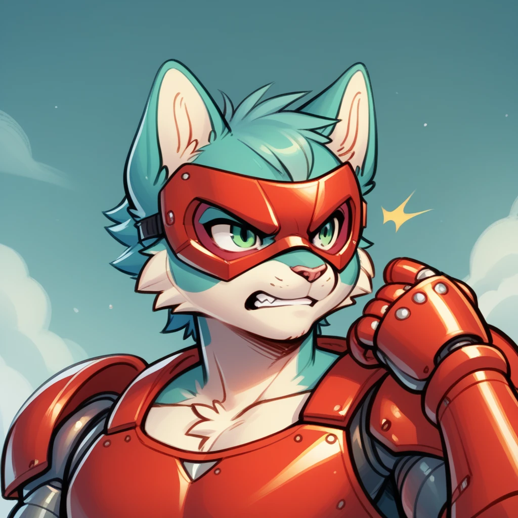 The character on the left is a large, robotic cat-like figure. This character has a bulky body, light blue fur, and red armor. The head is cat-shaped with pointy ears, and the face is covered with a metal-like mask. The character's expression appears determined or angry, with its fist raised in the air.

seem to be from an older animated show, possibly from the late 1980s or early 1990s, based on the art style. The design indicates that they are robotic or mechanical in nature.