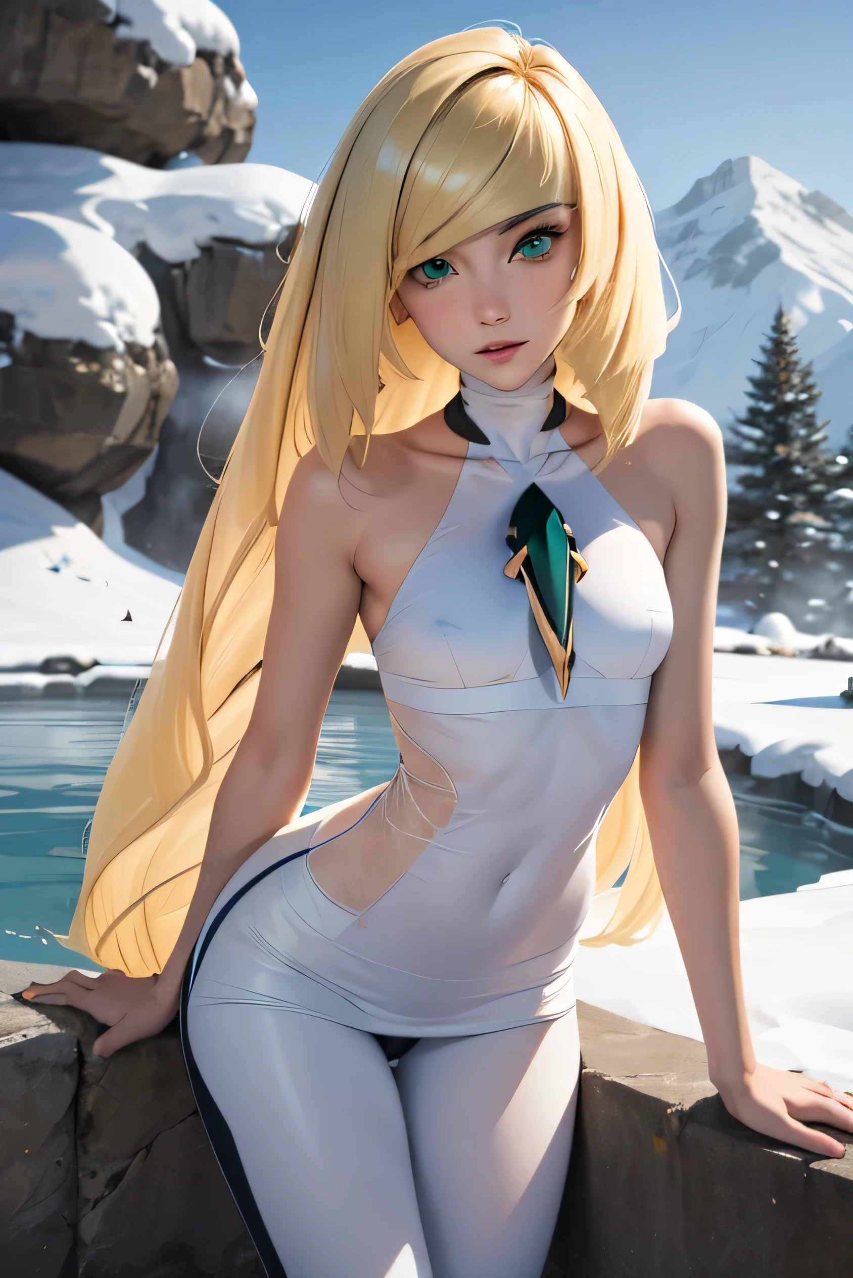 (masterpiece, Highest quality), One person, Lusamineデフ, Mature Woman, Very long hair, gem, Sleeveless dress, Short dress, White leggings, Very long hair, gem, Lusamine, blonde, Very long hair, Green Eyes, Small breasts, Highly detailed face and skin texture, Delicate and beautiful eyes, Natural Cheeks, Glowing Skin, Glossy Lips, Perfect Style, Are standing, Leaning forward, Mountain々, hot spring, winter, snow