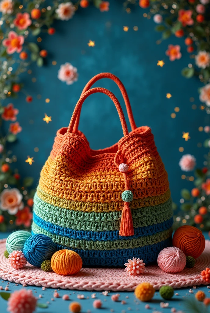  using colors like terracotta, olive green and royal blue, crochet bag, using balls of yarn and crochet hooks, Round image e flores e estrelas ao redor, cute but adult image, Round image 