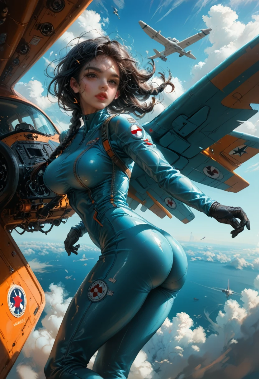   airplane pilot athletic bodies slim big breasts big buttocks long black hair braided wavy . pilot suit neckline .  planes flying 