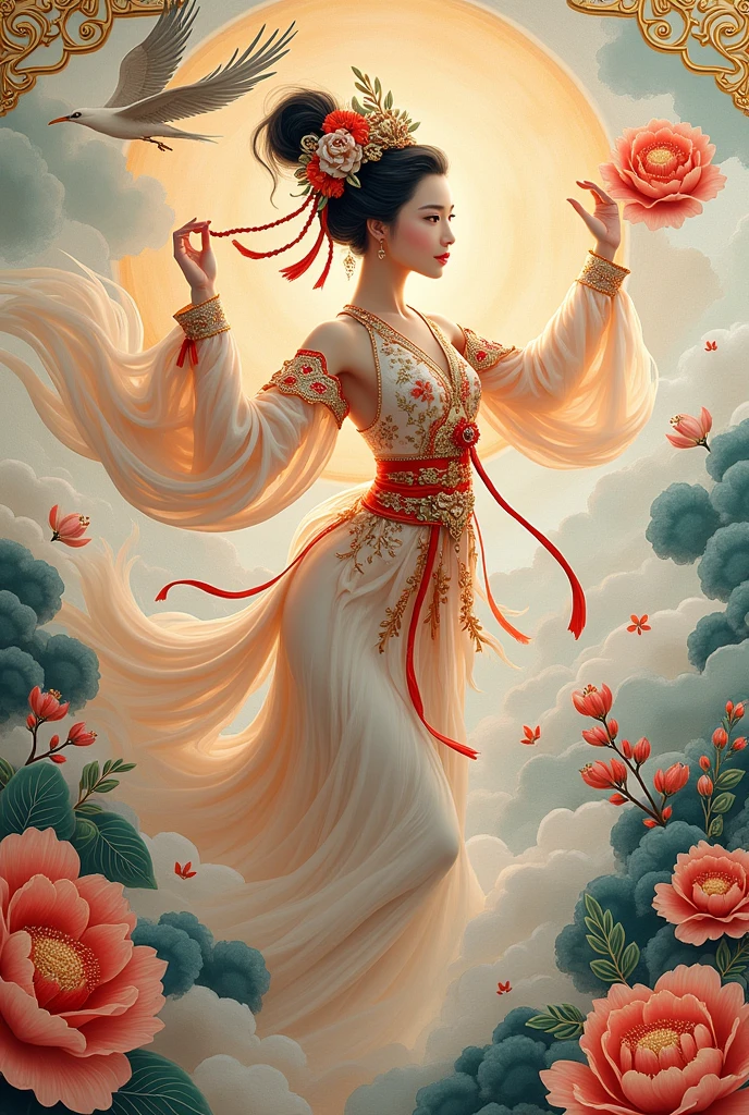 Chinese murals,Beautiful Eyes,dance,whole body,Chinese mythology,flower,Auspicious clouds,wood,bird,Off Color,Rococo,(high quality,Very detailed,8k:1.5)