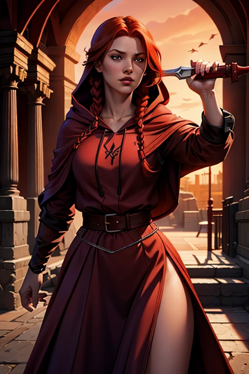 a beautiful young red-haired girl in a red hooded cloak, long braided red hair, sensual private school uniform, holding a serrated blade sword and a double-barreled shotgun, in a playground near home setting, chiaroscuro lighting, fantasy, highly detailed, photorealistic, 8K, masterpiece