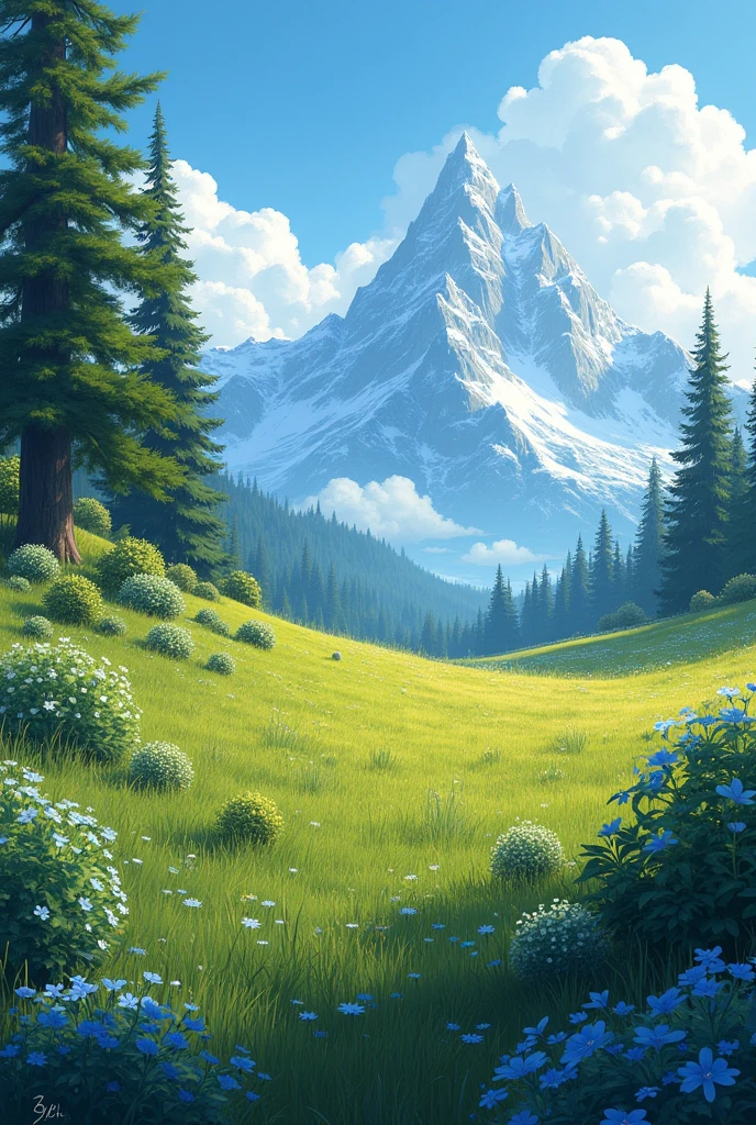 Fantastic landscape, low vegetation, grama verde, Sunnyday, small delicate and low flowers only in blue color scattered across the fields, few beautiful pine trees in the background and in the distance gigantic snowy peaks, illustration fantasy medieval magic sunbeams between trees, lots of bushes and unexplored landscape