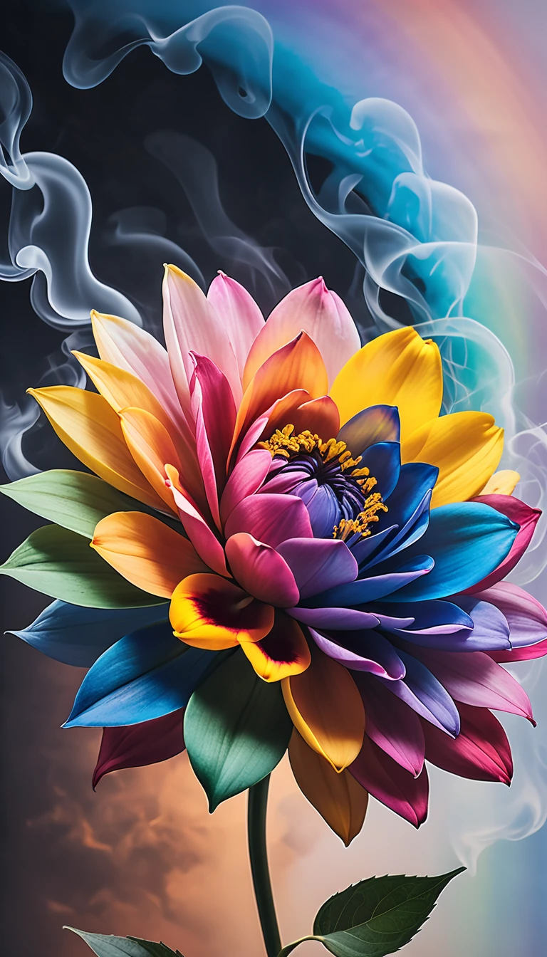 A rainbow colored flower made of smoke, ethereal, beautiful, dreamy, colorful, photo realistic, photography, Canon EOS R5 --style raw