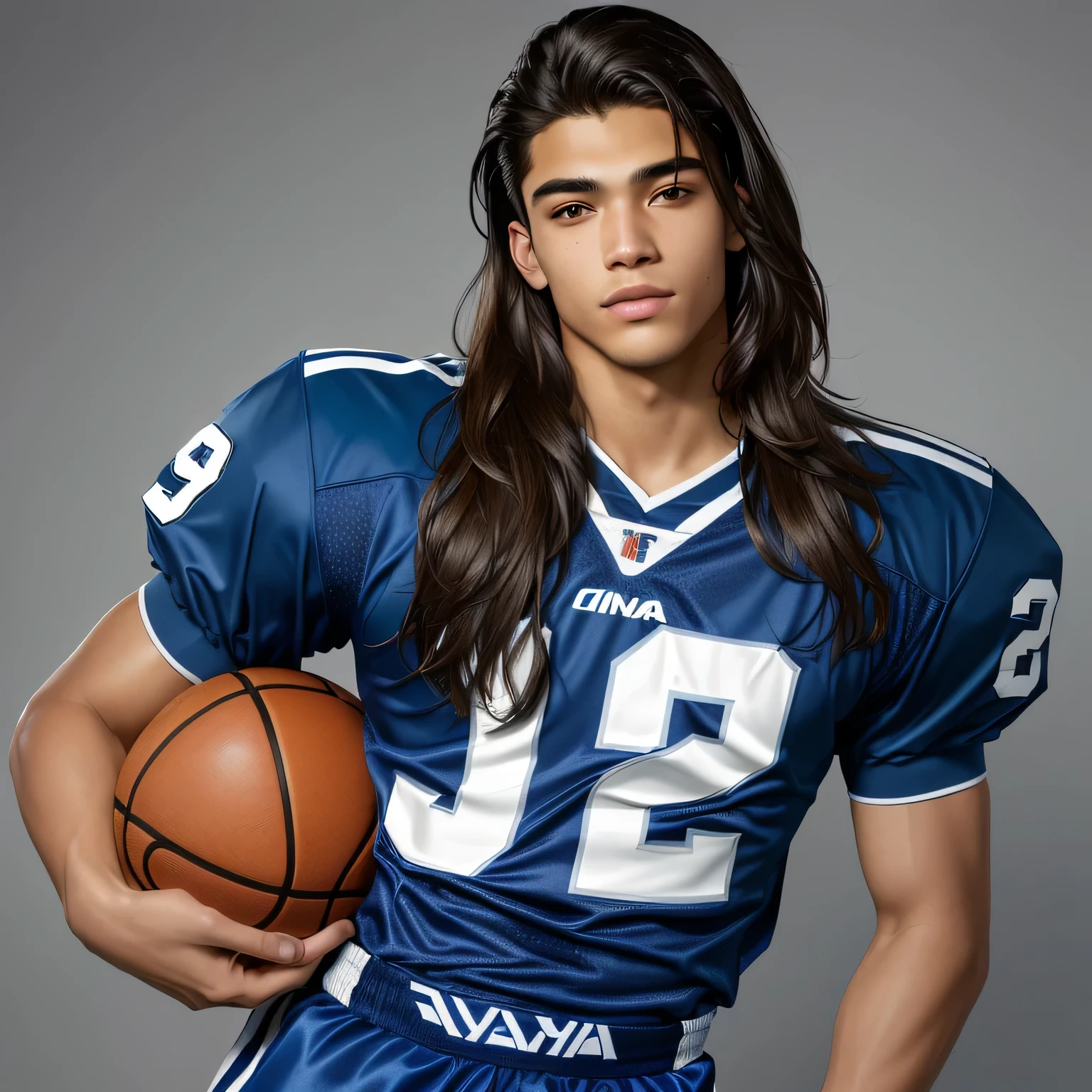 "A close-up of a 25-year-old man with light tropical Latin skin tone. He has long, dark brown Tarzan-style hair and is handsome like a  movie star. He is wearing an American football jersey in varying shades of blue. The image focuses on the boy's bust and face, highlighting his youthful and vibrant energy. The background is neutral and light, creating a subtle contrast with his skin tone. The aesthetic of the image is reminiscent of a 90s high school vibe, with soft lighting and a nostalgic retro feel. The composition evokes the laid-back and stylish essence of 90s high school culture." arafian man in a futebol uniform holding a basketball, futebol player, marca ariana, inspirado em Jorge Jacinto, Admirador de arte, arte realista, arte digital. foto realista, muito, muito, muito realista, photorealistic Admirador de arte, photoilustração realista, Retrato de Zendaya, photoarte realistastyle, ilustração realista, pintado digitalmente, futebol