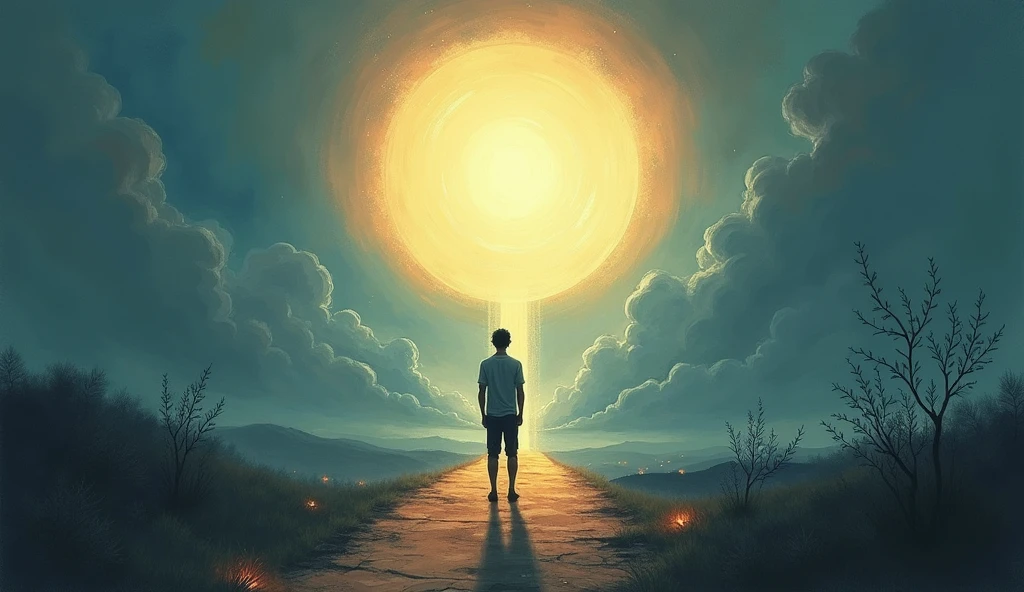 An illustration of a person at a crossroads standing between two paths, with a light path and a dark path, symbolizing conscious and unconscious choices.