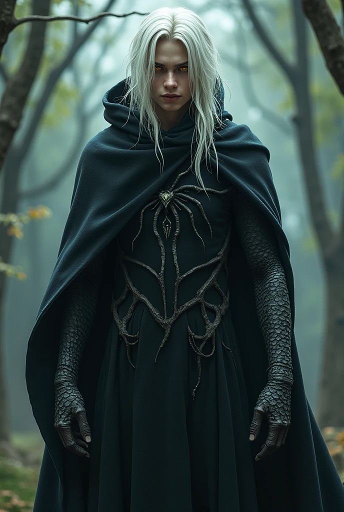 I want you to create a character that has gravity abilities and is a necromancer and has yellow eyes and white hair., and one and a half draconic arm and has a spider cloak, masculine, I'm just a draconic arm, no wings, the cloak covers him completely and is shaped like a spider. His hair is long., and one arm is draconic and the other is human, He has no wings, the right arm is of a dragon and the left is human, make him younger and without showing his belly
