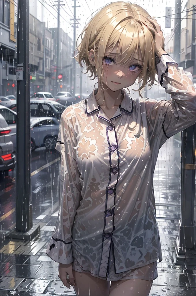 Outside in the dark dimly lit streets, wearing nothing but her pyjama shirt, patterned shirt, soaking wet, heavy rainfall, caramel-blonde hair, gorgeous amazing eyes, depressed purple eyes, crying, sad, very dark, nighttime, pyjama shirt clinging to her body from the rain, very short hair, coloured pyjama shirt, 