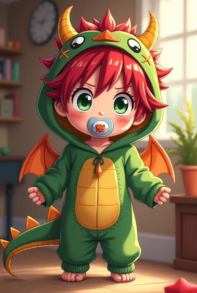 Un petit garcon qui porte un pyjama en form de dragon, qui a les cheveux rouge, des yeux vert est une marque rouge a l'oeil droit avec une tétine, il a 10 ans et dans fairy tail