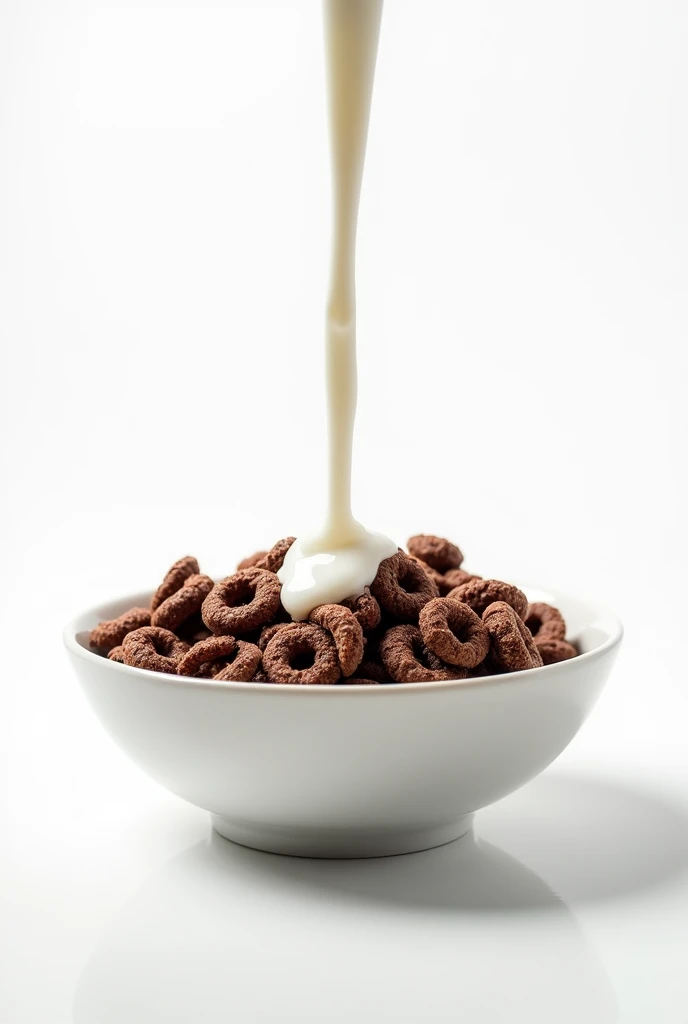 shows a cereal of Crunchy Chocolate Flakes in a deep plate with milk poured on a white background:0.8