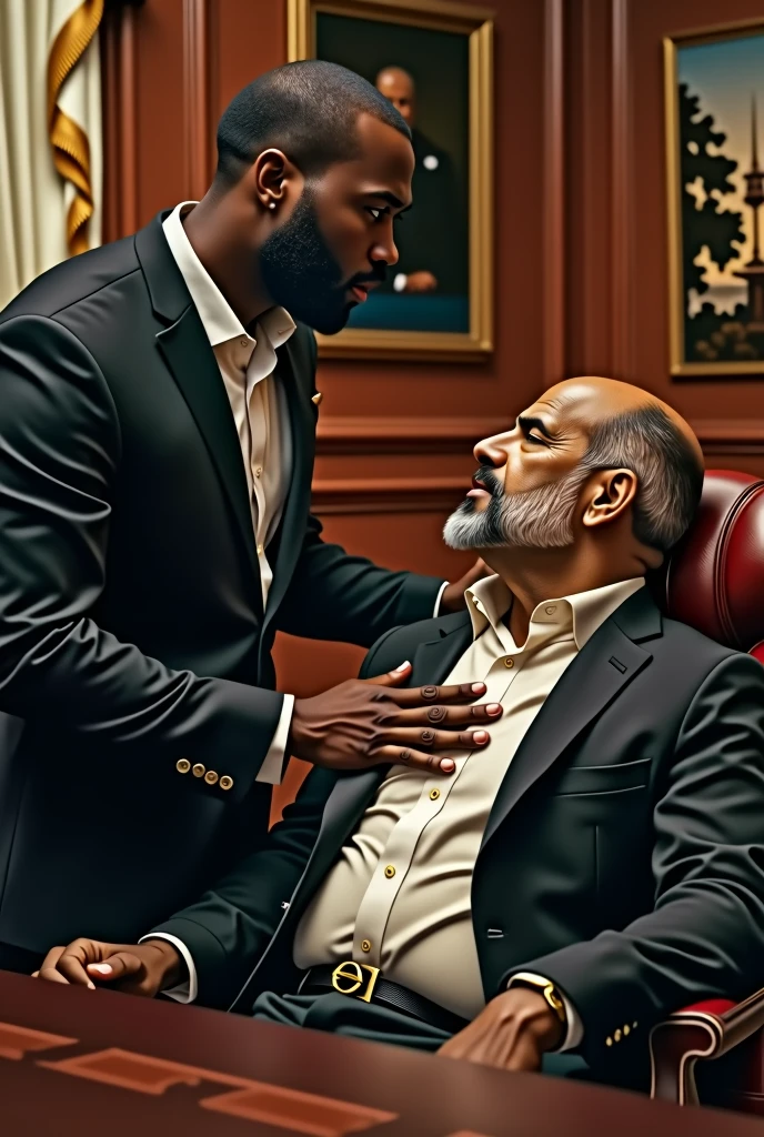 Create an image of a lawyer massaging a businessman's ego. The lawyer is dark-skinned, wearing a suit, shaved head and medium well-groomed beard. The businessman is bald and has a very short beard..