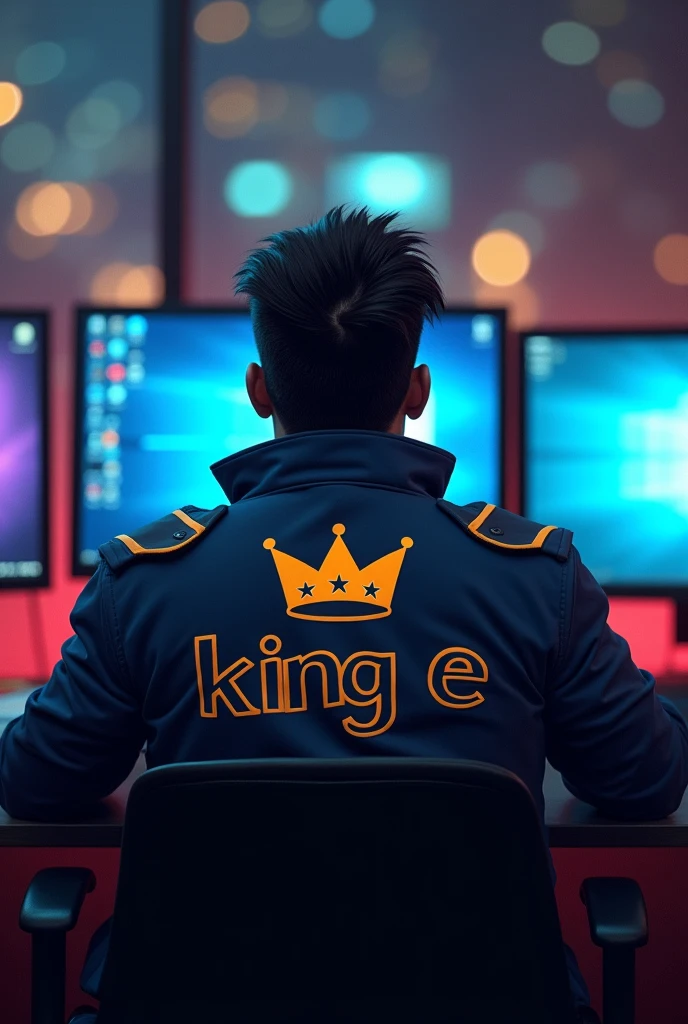A man with a jacker with a name on the back that says "King E 👑🇵🇦" sitting with his back to several monitors 