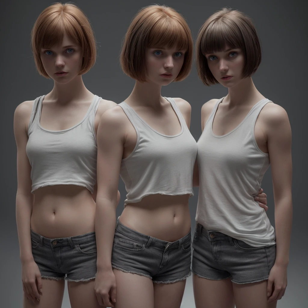 two 24-year-old girls, in a white tank top and small shorts (Standing dark gray background), Highly detailed, verry short Haircut, ginger with bangs, dark-blue eyes, high resolution, The best quality, Highly detailed, sharp focus, detailed skin, texture, detailed eyes, professional, 4k, extremely detailed, Photo_\(ultra\), Realstic, Maximum details, Atmospheric lighting.