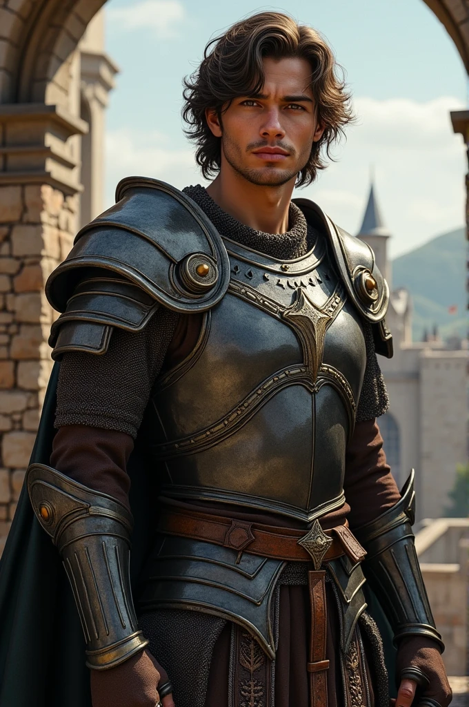 young warrior ,
 very handsome, with muscles, wavy hair of the middle ages 