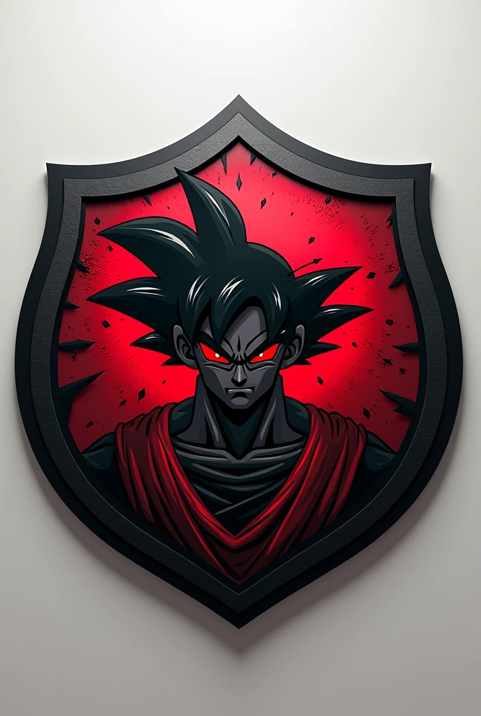 "Create a round football shield in a modern style with black and red colors. Place an image of Evil Goku at the center of the shield. Above the shield, include the team name 'White DKS,' and below the shield, add the text 'Rei dos Passes.' Ensure the design is sharp and in high-definition 4K."