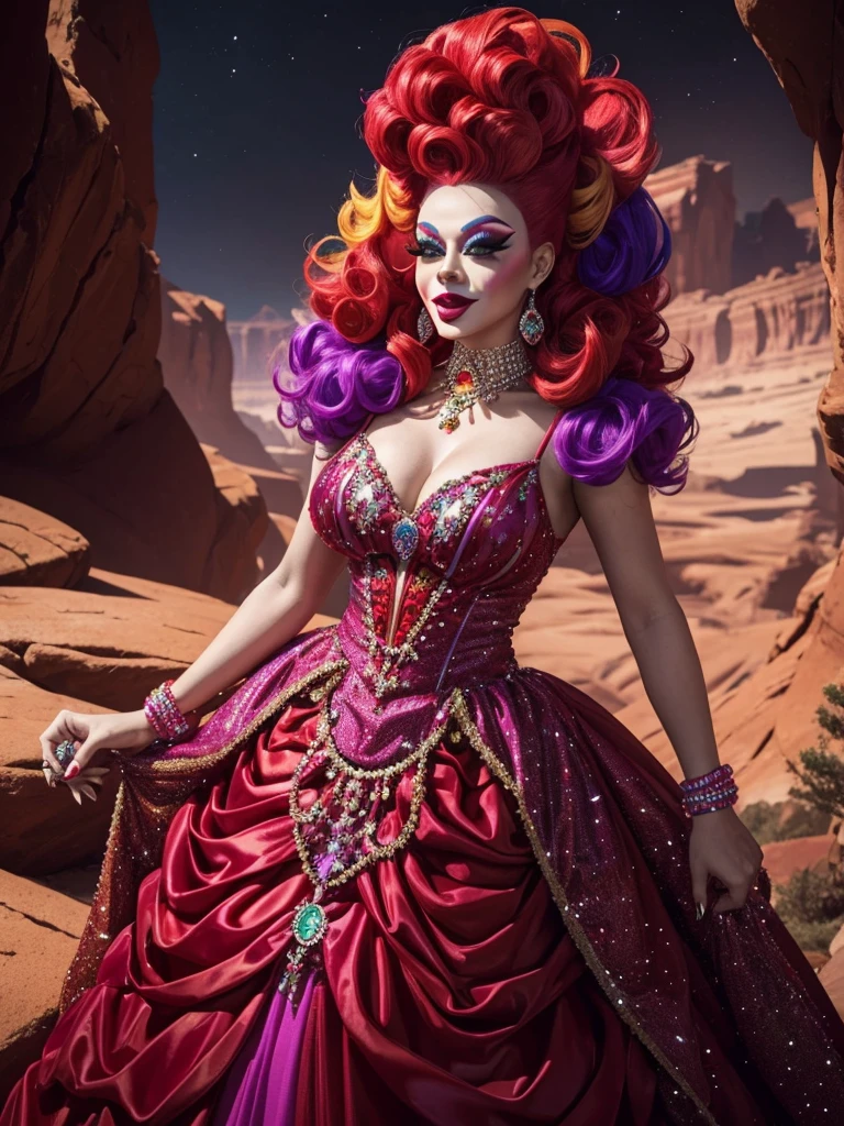 Drag queen named cookie clown with a red noise in a beautiful gown, made out of many colors of candy in a canyland (show her full gown in the image)