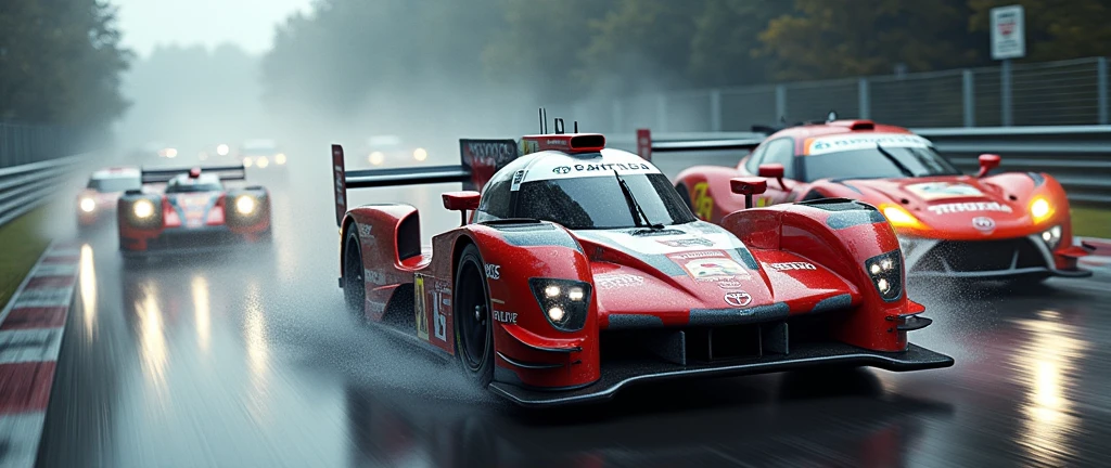 detailed racing car, Toyota car,multiple cars, rainy weather, winding circuit road, fast motion blur, dynamic racing scene, dramatic lighting, cinematic composition, photorealistic rendering, vibrant colors, high contrast, detailed reflections, Wet Asphalt, splashing water, dynamic camera angle, intense speed blur, professional motorsports photography, advanced 3D modeling, physically-based rendering, ultra-detailed textures, masterpiece
