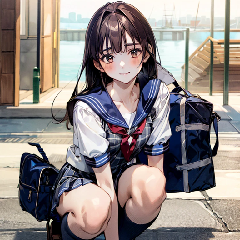  (((Ultra-small sailor uniform:1.4))),(masterpiece:1.3, top-quality), ultra high res, ultra detailed, (realistic, photorealistic:1.4), beautiful illustration, perfect lighting, colorful, depth of fields, 
looking at viewer, (face focus, upper body), 1 girl, 独奏, hight school girl, gravure model, (large breasts:0.8, large ass, seductive thighs, skindentation),
(long hair:1.2, straight hair:1.2, hair intakes, Bronze hair), asymmetrical bangs, (brown) eyes, drooping eyes, big eyes, shiny skin, 
beautiful hair, beautiful face, extremely detailed face, beautiful detailed eyes, beautiful clavicle, beautiful body, beautiful chest, beautiful thigh, beautiful legs, beautiful fingers, 
(detailed cloth texture, navy knit vest, collared short sleeve white shirt, grey plaid pleated skirt, grey plaid tie), black socks, white panties, black school bag,
(beautiful scenery), evening, (downtown, ), squatting, (lovely smile. upper eyes),