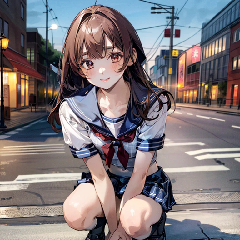  (((Ultra-small sailor uniform:1.4))),(masterpiece:1.3, top-quality), ultra high res, ultra detailed, (realistic, photorealistic:1.4), beautiful illustration, perfect lighting, colorful, depth of fields, 
looking at viewer, (face focus, upper body), 1 girl, 独奏, hight school girl, gravure model, (large breasts:0.8, large ass, seductive thighs, skindentation),
(long hair:1.2, straight hair:1.2, hair intakes, Bronze hair), asymmetrical bangs, (brown) eyes, drooping eyes, big eyes, shiny skin, 
beautiful hair, beautiful face, extremely detailed face, beautiful detailed eyes, beautiful clavicle, beautiful body, beautiful chest, beautiful thigh, beautiful legs, beautiful fingers, 
(detailed cloth texture, navy knit vest, collared short sleeve white shirt, grey plaid pleated skirt, grey plaid tie), black socks, white panties, black school bag,
(beautiful scenery), evening, (downtown, ), squatting, (lovely smile. upper eyes),