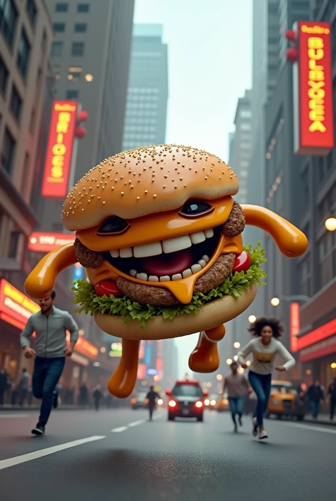 A burger with a smile from ear to ear jumping through the streets of Manhattan why people are chasing it to eat it tonight. At the top there is a sign that says " heellen's burger". and down " Dare to enjoy the different"