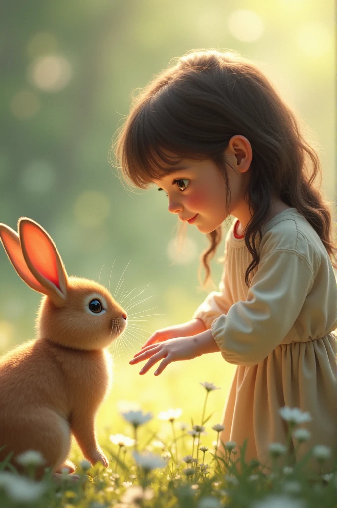 The young girl gently approaching the rabbit, extending her hand and calling out with a friendly smile."