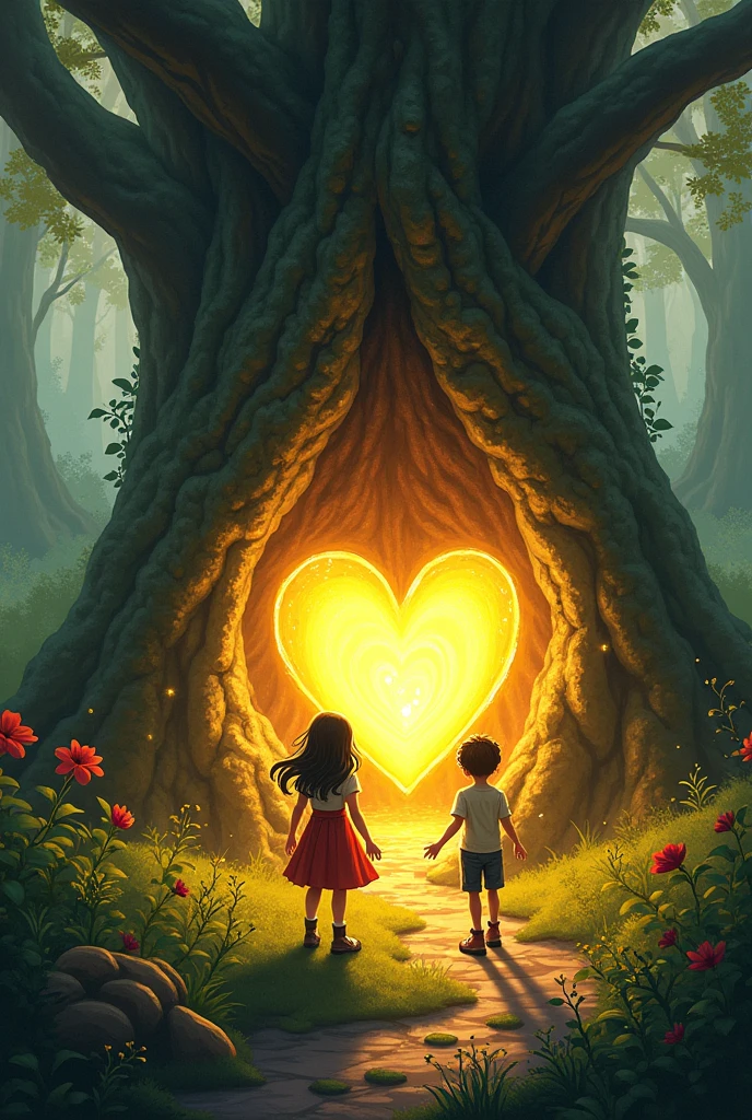 the girl Liz and Jhon Luis finding the golden heart in an ancient tree. The entire forest shines as the spell is broken, revealing a landscape full of life and color. U V