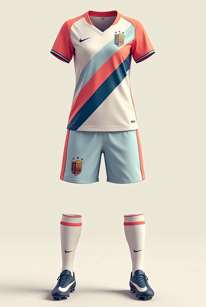 Design me a uniform for a women's soccer team like this:
T-shirt:
Color Base: Soft pink.Details: Diagonal stripes in purple that cross from the left shoulder to the right side. The neck is V-shaped, in white, with a turquoise blue trim. The sleeves have a gradient from pink to turquoise blue., creating an elegant and modern effect.
Shorts:
Color Base: Turquoise.Details: A purple side stripe that runs from the waist to the bottom, con pequeños detalles in white.
socks:
Color Base: white.Details: A top band in pink, with small details in purple and turquoise in the middle part.Accessories:Headband or wristband: Purple with pink details.Football boots: Mainly white, with details in turquoise blue and purple.
