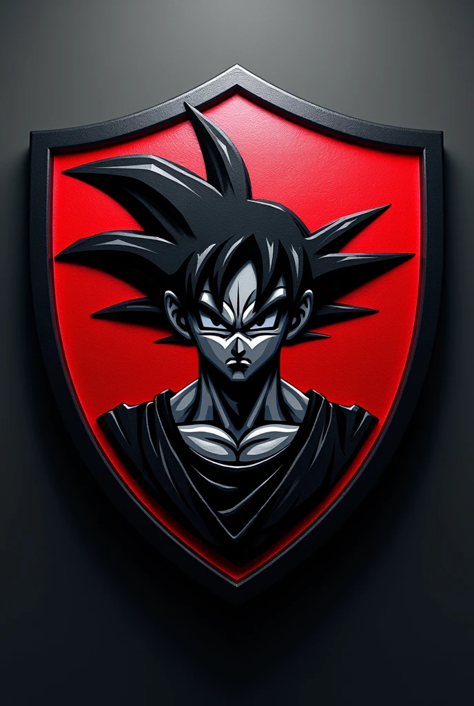 "Create a round football shield in a modern style with black and red colors. Place an image of Evil Goku at the center of the shield. Above the shield, include the team name 'White DKS,' and below the shield, add the text 'Rei dos Passes.' Ensure the design is sharp and in high-definition 4K."