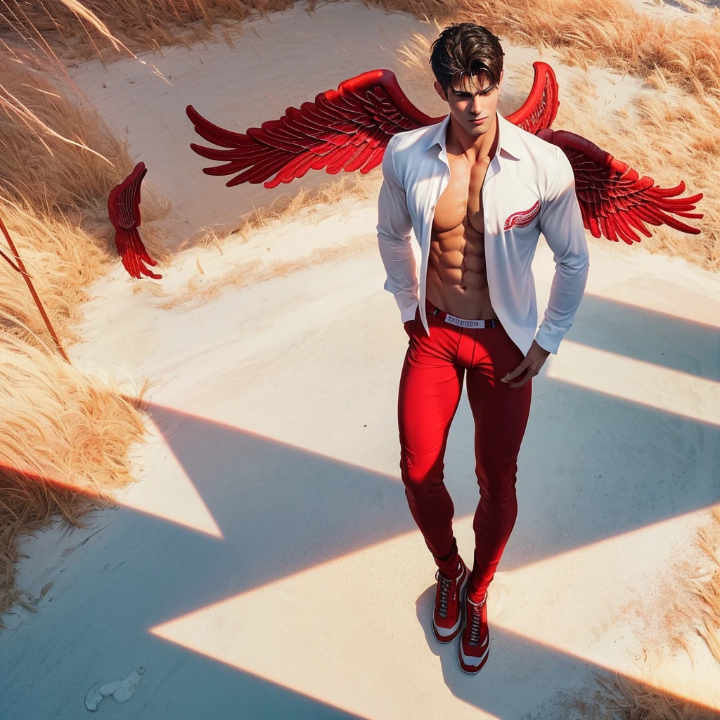 a strikingly muscular handsome young man, solo, extremely detailed facial features, (face: Matthew Daddario), (large blood red wings: 1.5), (spreading his wings: 1.5), (white shirt and black brief, bulge: 1.2), (open shirt showcasing chest and abs: 1.5), gorgeous, beautiful, wet, perfect eyes, sexy gaze, looking at the viewers romantically, perfect bare body, smooth skin, wide chest, largest breast, extremely large pectorals, big nipples, breathtaking grandeur, very bright colors, light particles, with light glowing, wallpaper art, UHD wallpaper, (toned physique: 1.5), (subtle hot gleam: 1.5) in his skin, in a white space with blood field, levitating in the air above blood, (full body view: 2),