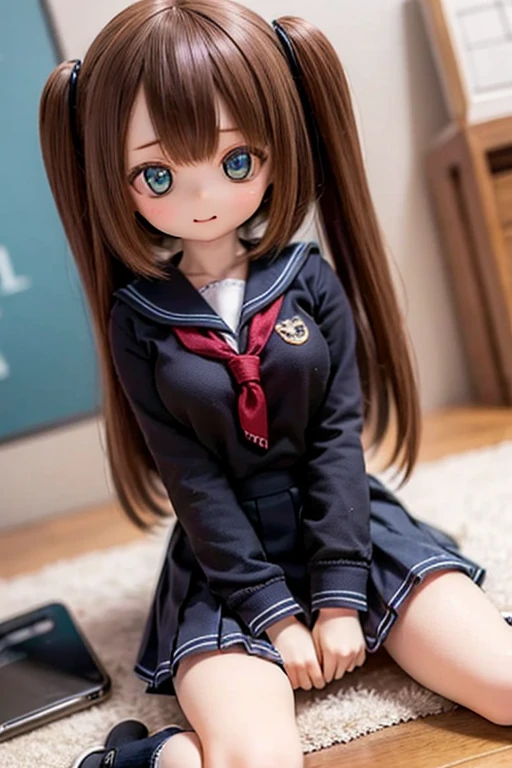 Doll、Doll、delicate、detailed、high quality、High resolution、4hair、high quality、long Hair、long hair、Brown Hair Color、Turquoise Eyes、uniform、high school student、Big Breasts、Sailor suit、Ultra-mini pleated skirt、Navy Blue Skirt、loose socks、Pure white panties、Shiny panty fabric、Wet crotch、Sitting on the floor、Sit without a chair、Sitting directly on a wet floor、Wet crotch、Mirror floor、A person is reflected in the mirror、Mirror directly under the crotch、Smartphone right under the crotch、Transparent crotch