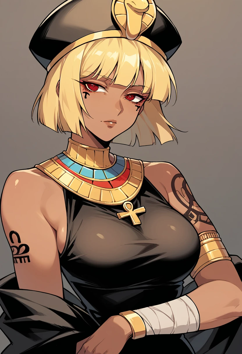 mature woman dark skin, red eyes, short blonde hair ,black marks under the eye , golden necklace, black dress,tattoo on arm, black and white egyptian penguin hat ,Egyptian style, 90s anime style