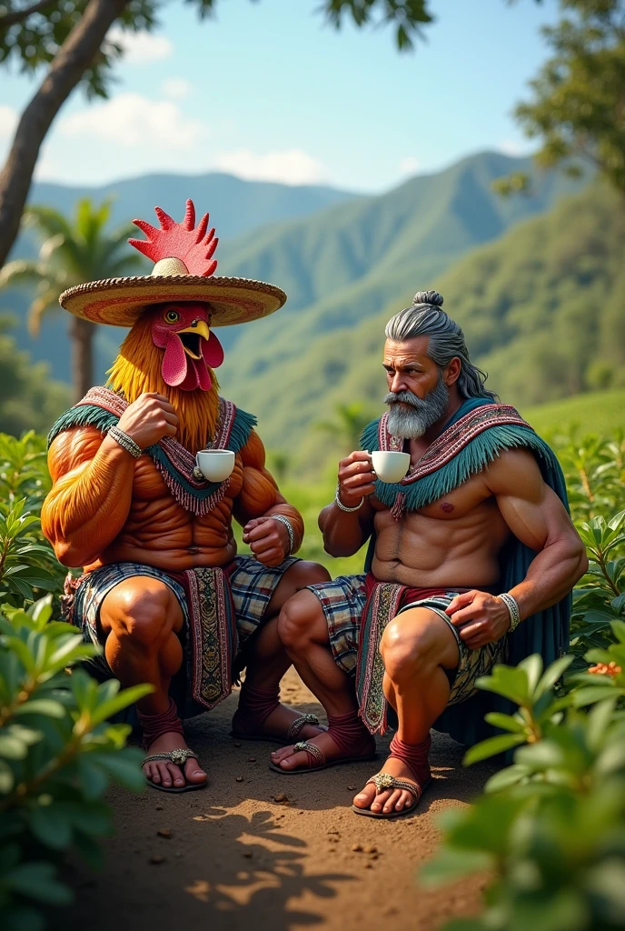 Mutant muscular chicken crazy dressed as a Colombian sitting drinking coffee in a coffee plantation looking straight ahead with a crazy face with Poseidon dressed as a Colombian drinking coffee looking straight ahead 