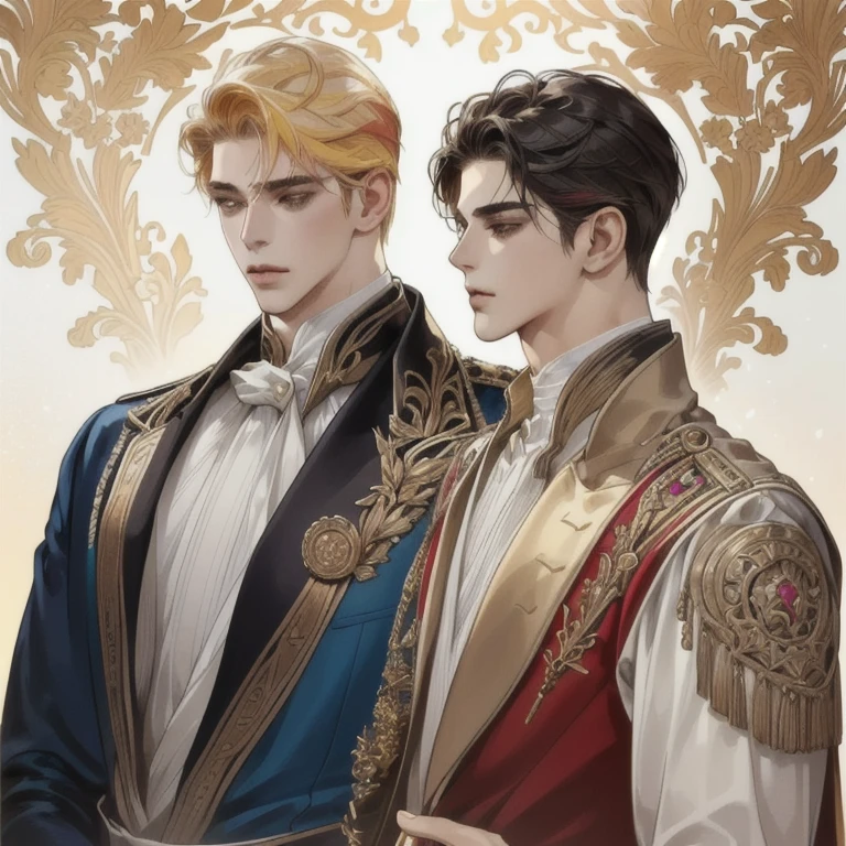 Two man looking at the view, Handsome two boy, beautiful detailed face, handsome stunning realistic, Suit, gold accessories on clothes, Charlie Bowater Style, upper body, handsome man, by Ignacio Zuloaga, background bright dark, multiple colours 