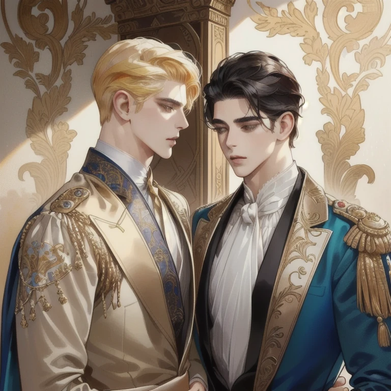 Two man looking at the view, Handsome two boy, beautiful detailed face, handsome stunning realistic, Suit, gold accessories on clothes, Charlie Bowater Style, upper body, handsome man, by Ignacio Zuloaga, background bright dark, multiple colours 