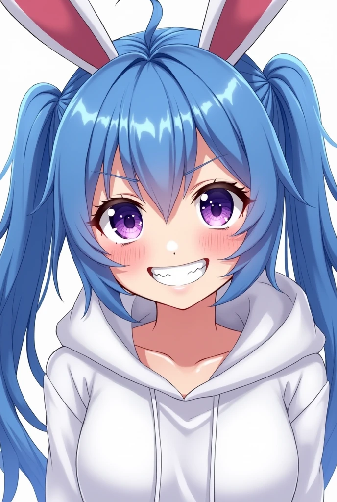 1 fille, sourire dents de requin, yeux violets, longs cheveux bleu, couette, sweat-shirt à capuche banc avec des oreilles de lapin, anime style