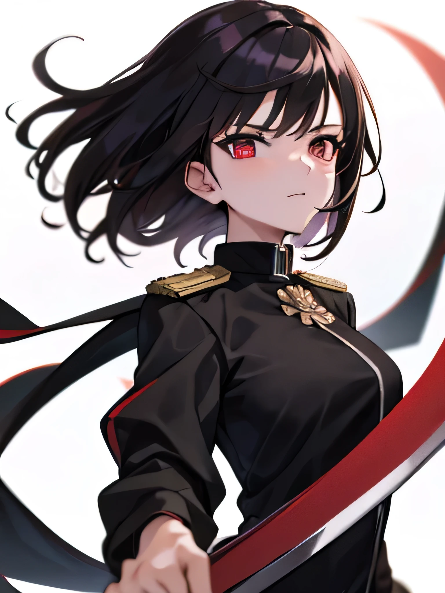 A female swordman,red sharp eyes,black uniforn with collar and two-folded uniform,leggings,holding a longsword