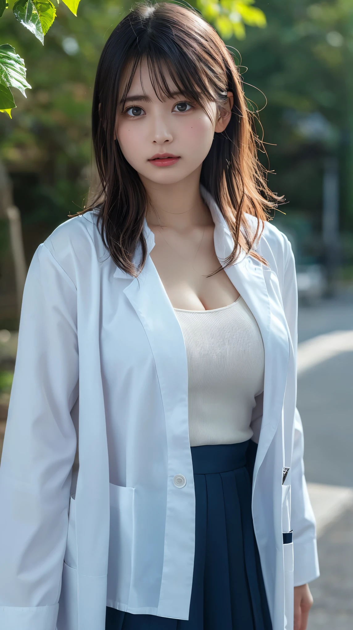 Upper body photo、(4K, 8k, best quality, masterpiece:1.4), (realistic, RAW photo:1.4), ((The body is facing forward:1.3)), Large Breasts、G-cup breasts、Cleavage spilling out of the blouse:1.2、28age、Very beautiful woman、Ponytail Hair、 (female docter, dressed in a professional white lab coat, Inner is wearing a blouse):1.5、1 girl,独奏, beautiful skin, realistic natural light, women,sexy、The blouse is not removed、Outdoors in the sunlight、Wearing a skirt、looking at the camera