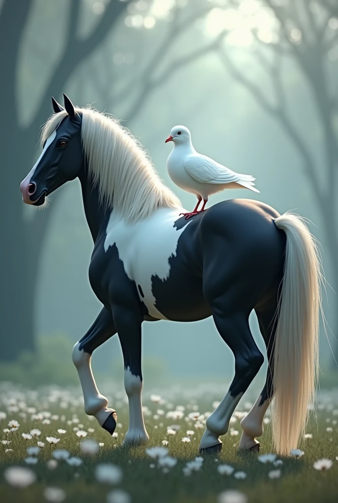 A white dove sits on the back of a black and white steed