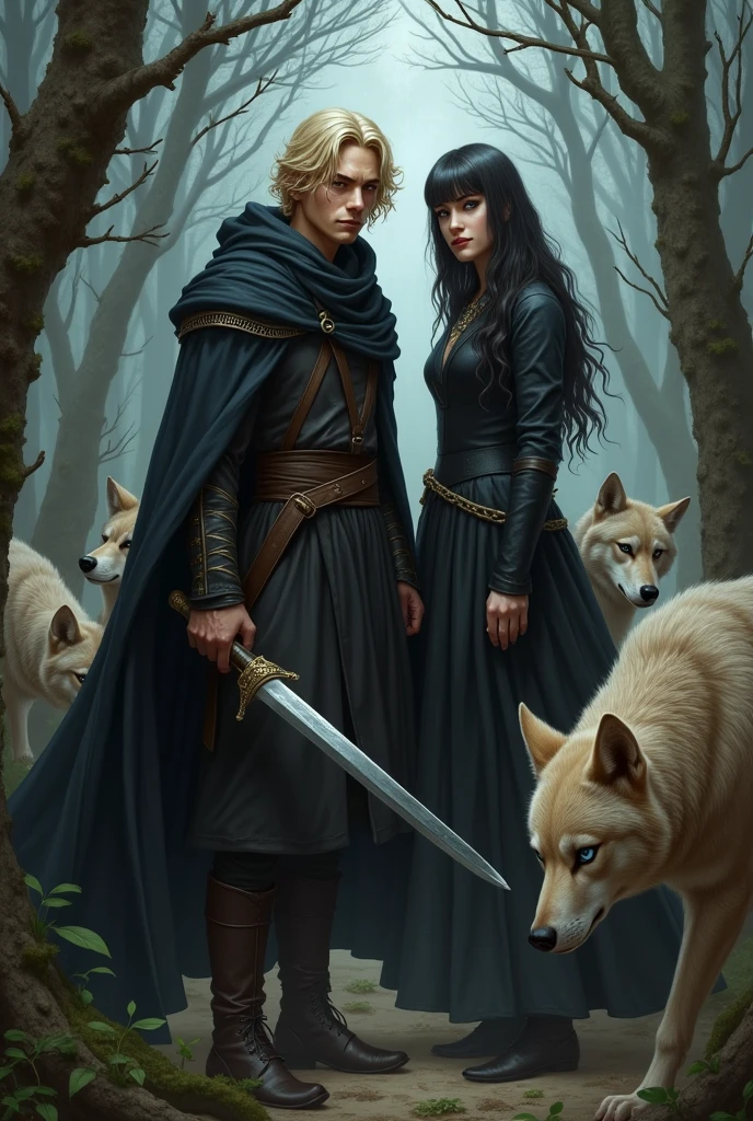I want you to make two characters, one man and one woman. I want you to make the young man with an angry expression with a black hoodie, pale with wavy light blonde hair and very long to the waist, I want you to make him with brown eyes and an outfit with a black cape holding a sword. And I want the woman to have black hair and bangs, an all dark outfit with blue eyes. I want you to do both of them against a forest background.. I want you to make a medieval-style art with wolves around the scene 
