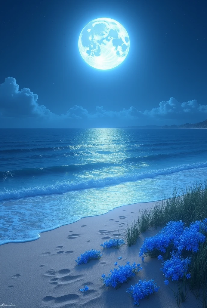a full moon night on a beach with blue flowers