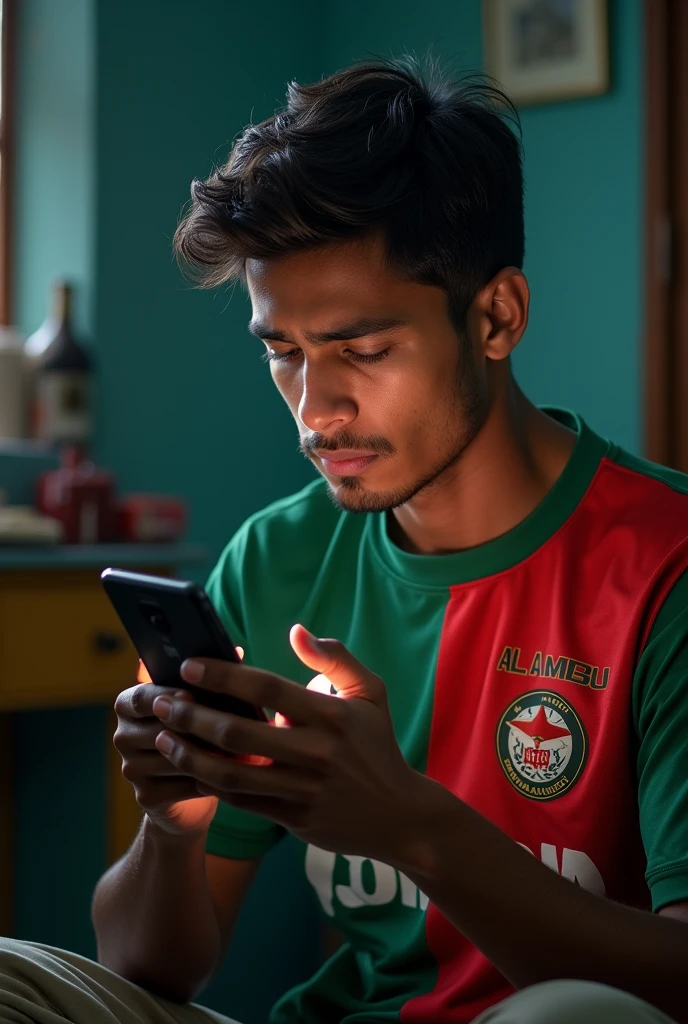 বাংলাদেশের একটি যুবকের নাম তার জার্সিতে লেখা থাকবে, তার নাম AL-AMIN"
সে মোবাইল ফোন এবাংলাদেশের বন্যার খবর দেখতেছে এবং কাঁদতে ছিল , আল্লাহর কাছে দোয়া করতেছিল, বসে চিন্তা ভাবনা করছিল